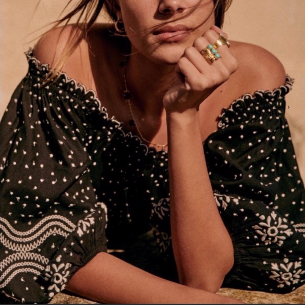 Sezane Black and White Off-Shoulder Blouse